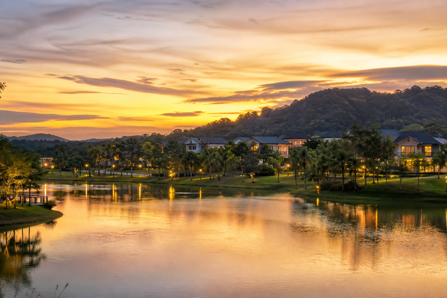 Setia Eco Park homes and water features at blue hour