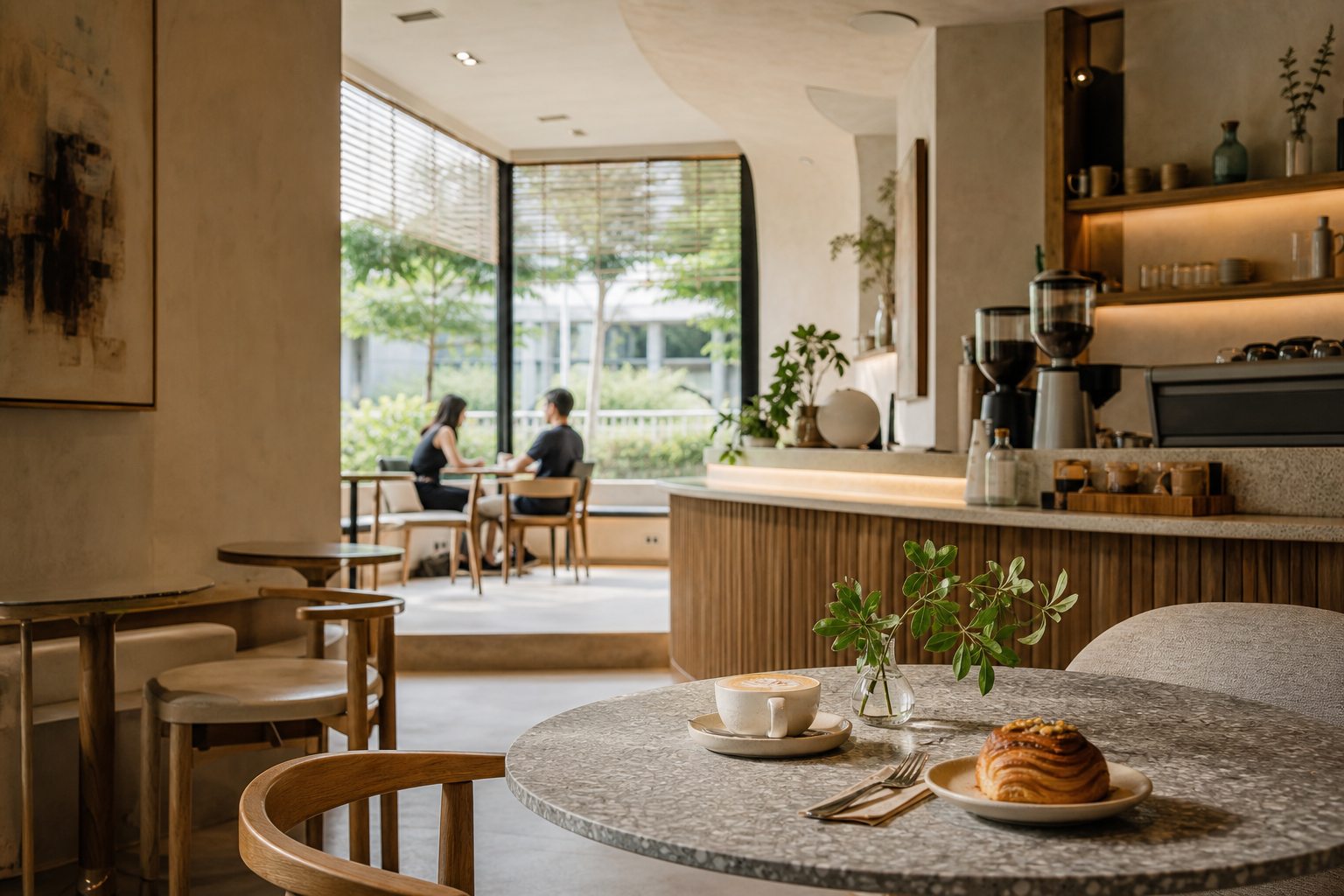 A calm neighbourhood café interior with tables and garden light