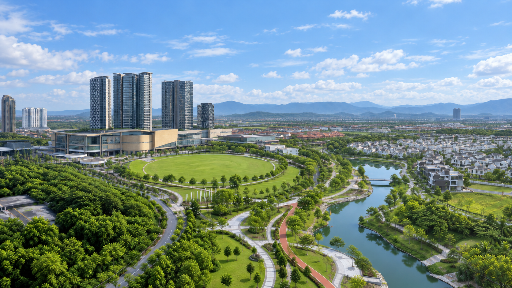 Aerial view of Setia Alam’s city centre, lake and landscaped neighbourhoods