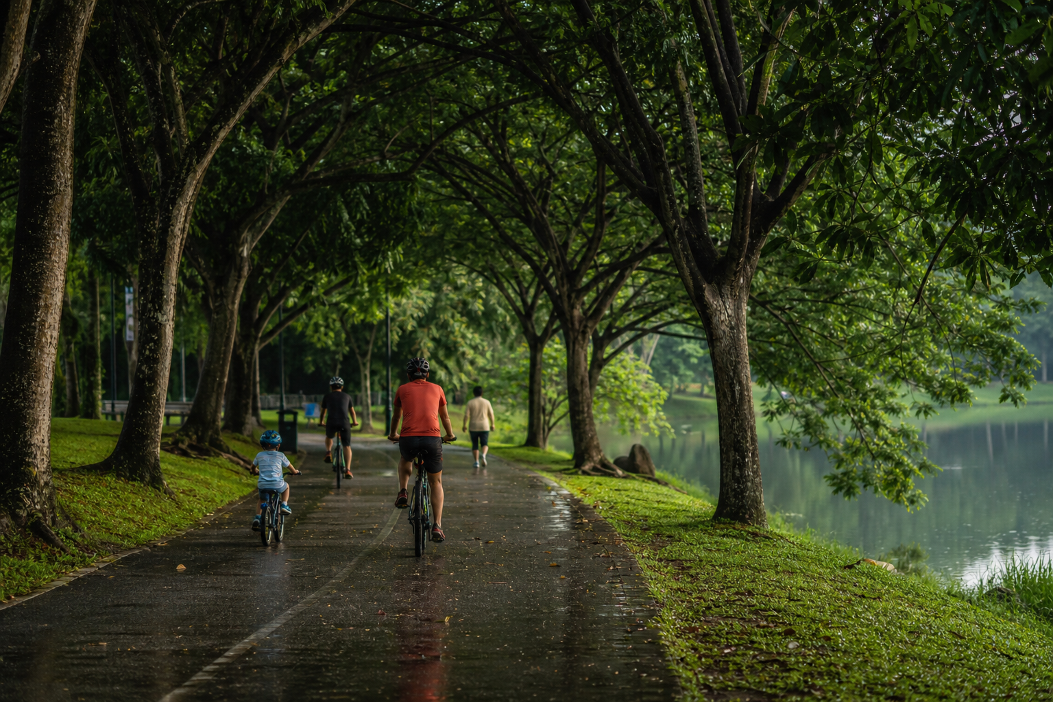 People walking and cycling around Setia Alam’s lake loop